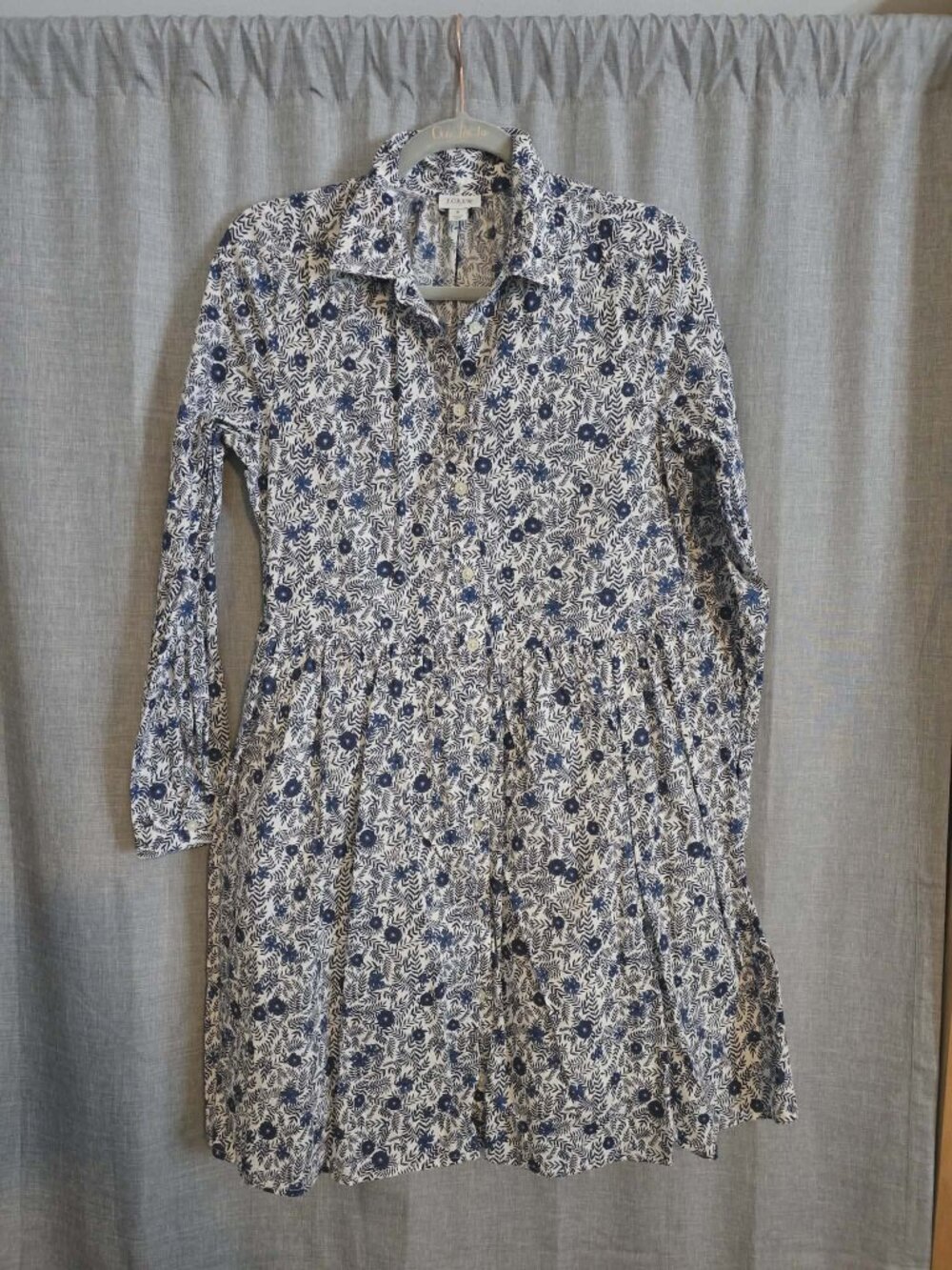 J. Crew White Blue Floral Printed Long Sleeve Cotton Mini Shirtdress Size 4